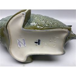 Lladro Fish Centrepiece, a jardiniere modelled as a fish and decorated in shallow relief with flower heads on a mottled green ground, sculpted by Vincente Martinez, in original box, no 4694, year issued 1970, year retired 1974, H25cm  