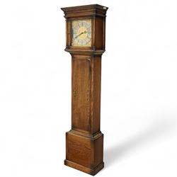20th-century-oak cased  8-day longcase clock, in an 18th century provincial style case, square brass dial with an engraved centre, cast spandrels, steel hands and silvered chapter ring, dial engraved 