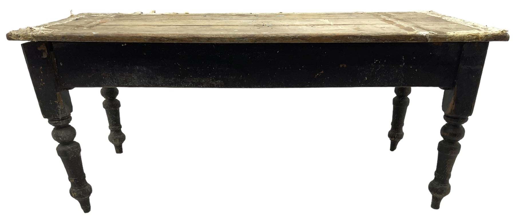 Victorian pine farmhouse dining table, rectangular plank top on painted base, fitted with two end drawers, on turned supports 