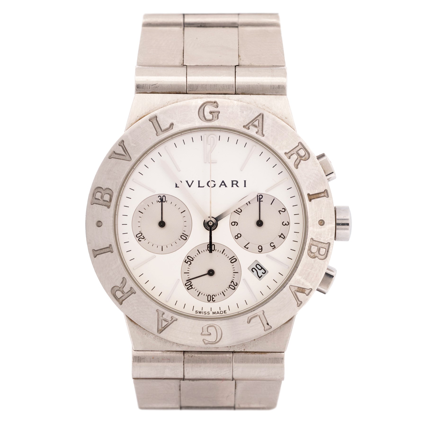 Bulgari Diagono gentleman's stainless steel quartz chronograph wristwatch, Ref. CH 35 S, white dial with subsidiary seconds dials for recording hours, minutes and continuous seconds and date aperture, on original stainless steel bracelet, with fold-over clasp