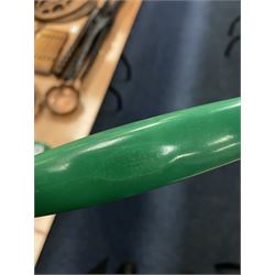 Jade green Bakelite telephone, of pyramid form with alphabet dial, brown braided handset cord and a base draw