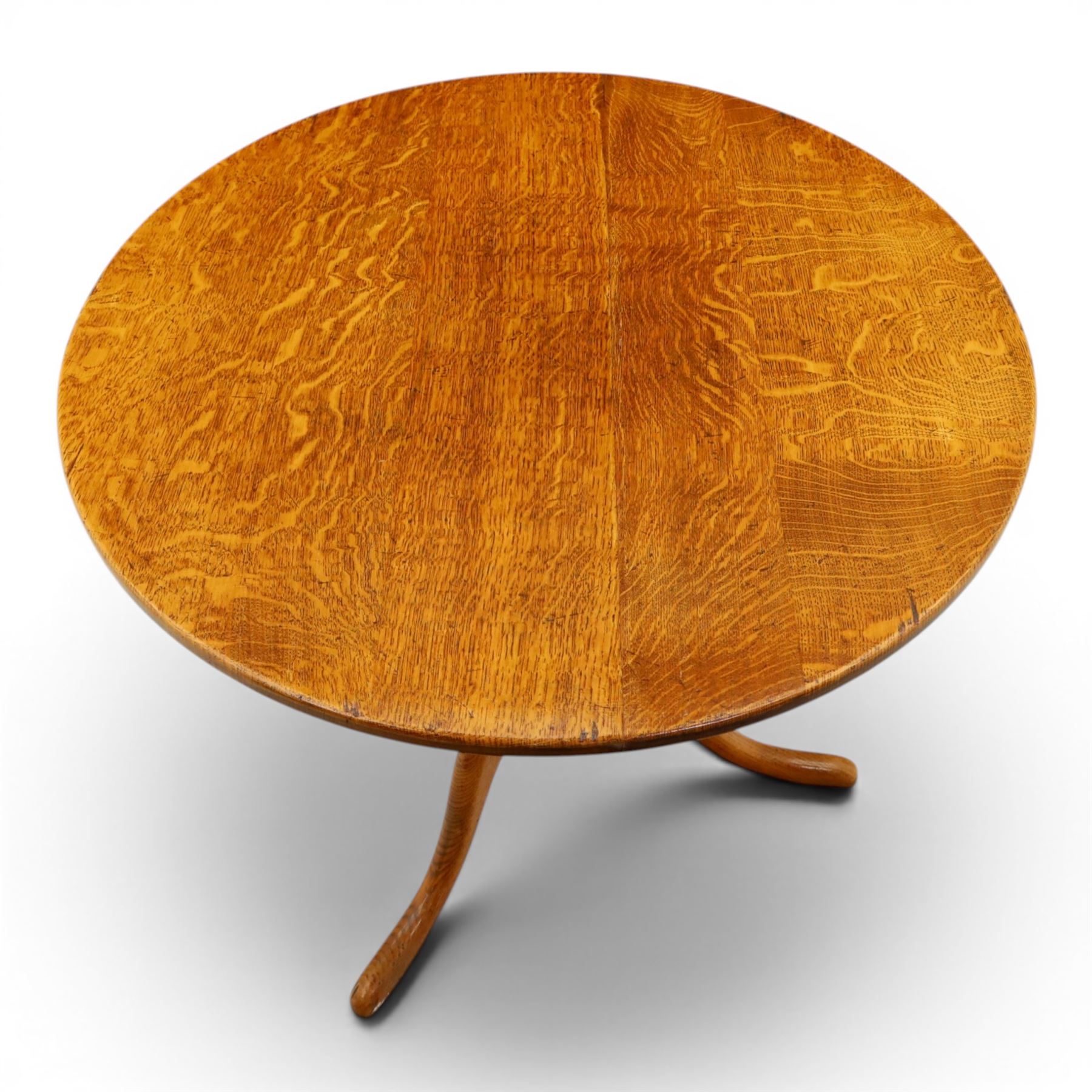 Traditional design golden oak tilt-top tripod table, brass fittings, turned baluster column on splayed supports