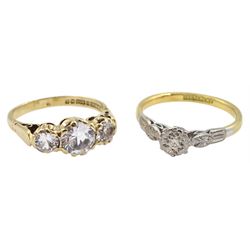 18ct gold illusion set single stone diamond ring, stamped 18ct Plat and a 9ct gold three stone cubic zirconia ring, hallmarked 