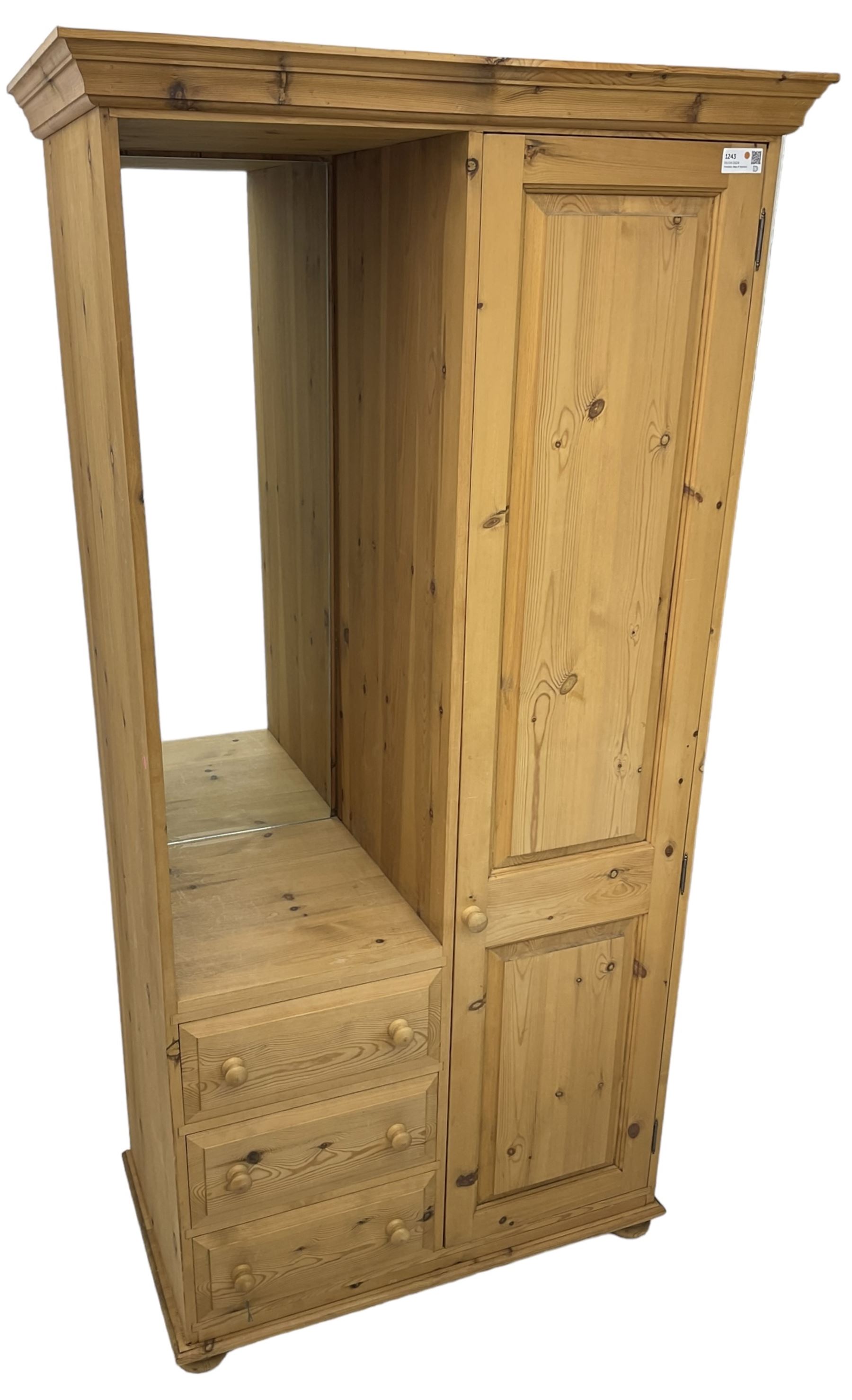 Traditional pine combination wardrobe, recessed cupboard with mirror back, fitted with single cupboard and three drawers