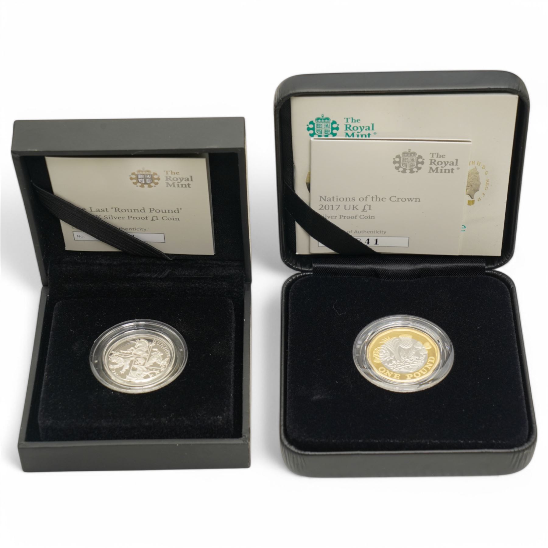 Six The Royal Mint United Kingdom silver proof one pound coins or sets, comprising 2004, 2005, 2006, 2007 'Bridges' four-coin set, 2010 and 2011 'Cities' four-coin set, 2013 'The 30th Anniversary Of The £1 Coin' three-coin set, 2013 and 2014 'Floral' four-coin set, 2016 'The Last Round Pound' and 2017 'Nations of the Crown', all cased with certificates