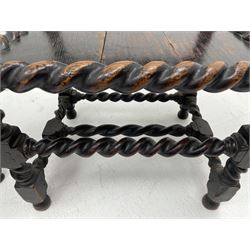 Unusual pair late 17th century oak spindle-back chairs, barley twist or spiral turned throughout, the back with a row of six vertical turned spindles, the supports joined by two lower rails and front central rail, plank seats

Provenance - The chairs illustrated in 'Early British Chairs and Seats 1500-1700' by Tobias Jellinek (Pub: Antique Collectors Club. 2009. p 313). Previous part of a private collection. Vendor purchased from auction 2014.

Measurements - seat width - 48cm, seat height - 38cm/36cm, depth - 50cm, total height - 85cm/82cm