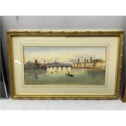 Italian school (20th century); Venetian Gondolier Scene, watercolor unsigned, together with colour print after Josepha Reynolds and black and white print of St.Hilda's Hartlepool (3)