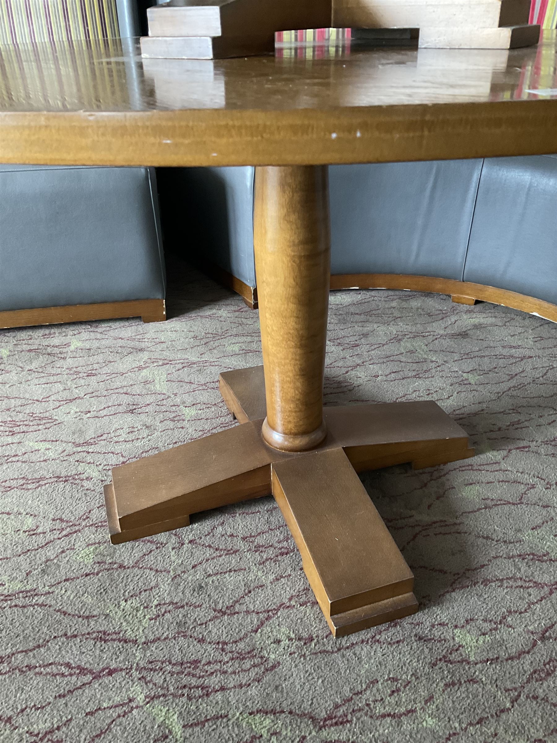 Set of three round (D125cm x H75cm), and one small round (D55cm x H49cm), walnut finish dining tables (4)- LOT SUBJECT TO VAT ON THE HAMMER PRICE - To be collected by appointment from The Ambassador Hotel, 36-38 Esplanade, Scarborough YO11 2AY. ALL GOODS MUST BE REMOVED BY WEDNESDAY 15TH JUNE.