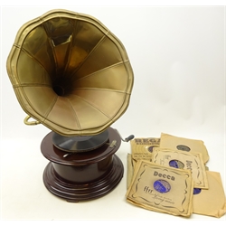  His Masters Voice Gramophone with brass horn and a selection of 78's   