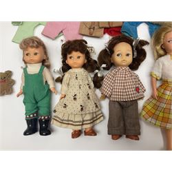 Six fashion dolls by Amanda Jane, Sindy and Barbie with various outfits, clothing and footwear