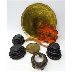  Japanese lacquer crumb scoop & brush, heavy brass circular tray and assorted oriental ebonised stands   