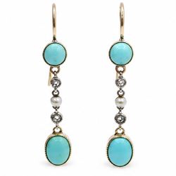 Pair of early 20th century gold turquoise, pearl and diamond earrings, each pendant, set w...