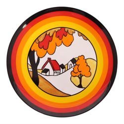 Collection of eight Wedgewood Clarice Cliff plates, comprising Red Roofs, House and Bridge, Orange Roof Cottage, Orange House, Fantasque Mountain, Blue Lucerne, Farmhouse, Poplar, D20cm 