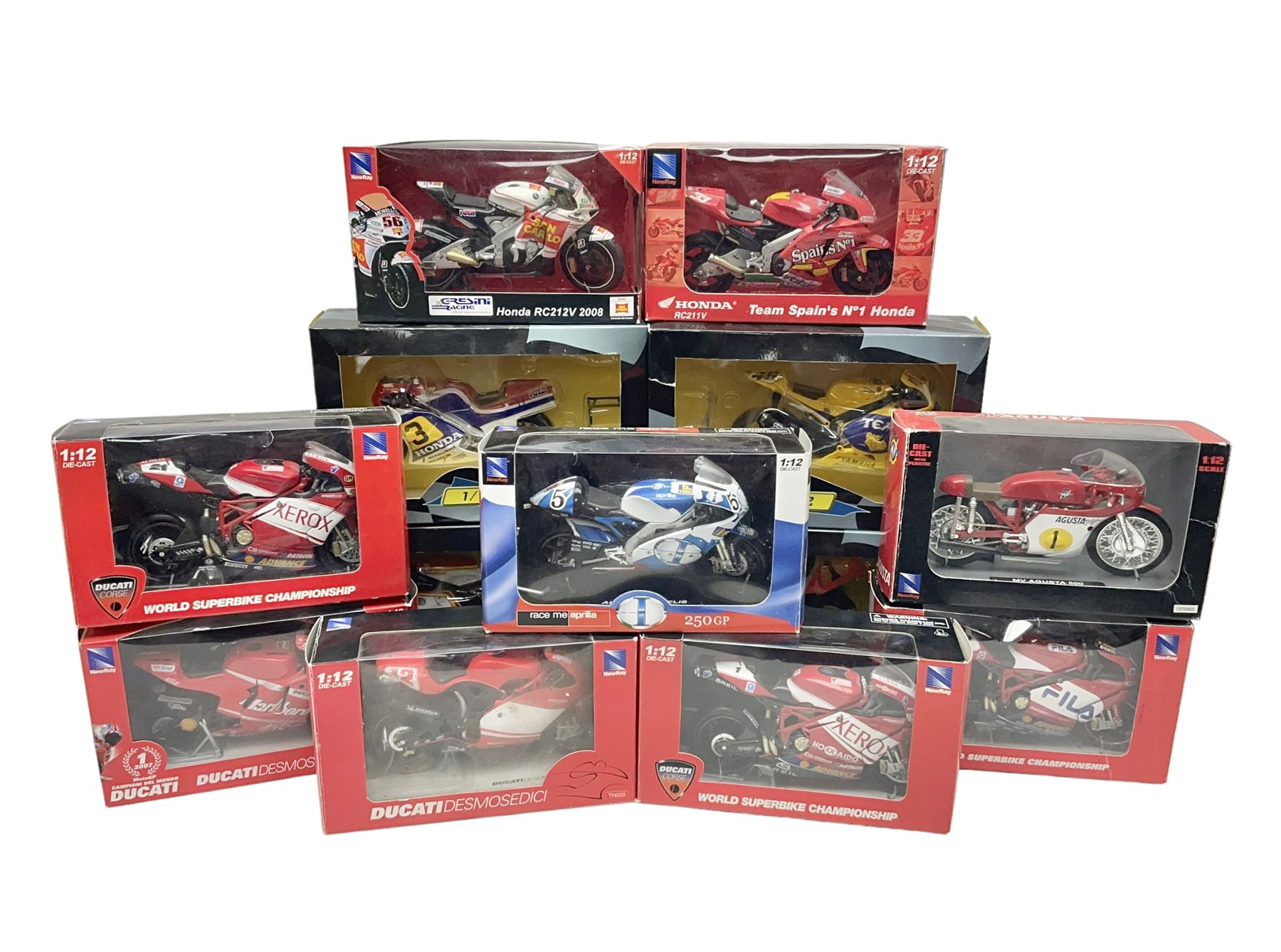 Nine NewRay 1:12 scale die-cast models of motorcycles including Ducati, Honda etc; and four other 1:12 scale die-cast models of motorcycles; all boxed (13)