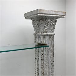 Architectural four shelf glass shelving unit supported by two Corinthian columns, W205cm, H179cm, D30cm