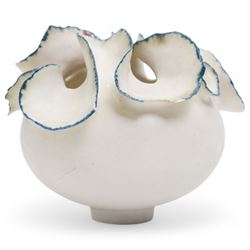 Deirdre Burnett (1939-2022); porcelain vase of ovoid form, the pinched irregular rim with turquoise detail, in matte white glaze, impressed DB seal mark, H9cm 