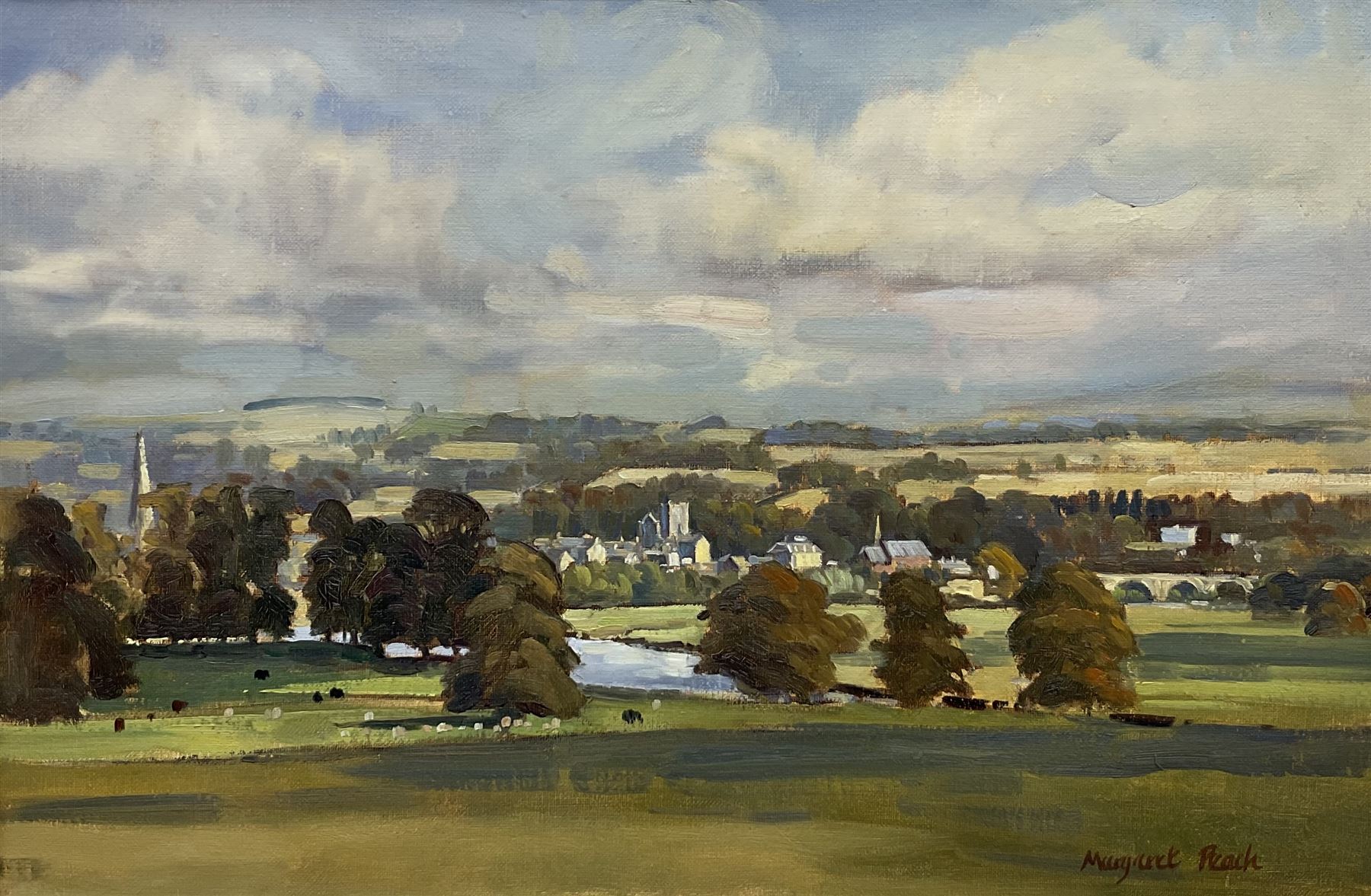 Margaret Peach (British 20th century): Landscape with View of Town, oil on canvas signed 30cm x 45cm