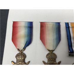 Representative display of five WWI Campaign Stars and Medals to different recipients comprising 1914 'Mons' Star to 13800 Gnr. R. Pexman R.F.A.; 1914-15 Star to TS822 F. Bage T.R. R.N.R.; British War Medal to 90461 Dvr. A.A. Cross R.A.; Mercantile Marine Medal to Patrick J. Magrath; and Victory Medal to 2657 Cpl. W.R. Kenny Norf. Yeo.; all with ribbons (5)