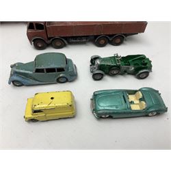 Dinky - sixteen unboxed and playworn die-cast models including Foden lorry, Big Bedford lorry with Halesowen Farm Trailer, Thunderbolt land speed record car, Spirit of the Wind racing car, market garden truck, Bedford tipper, station wagon, tanker, motorcycle combination etc; two Corgi models; and five Matchbox/Lesney models (23)
