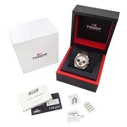 Tissot PRX gentleman's stainless steel automatic chronograph wristwatch, Ref. T137.427.11.011.00, silvered white dial with black subsidiary dials and date aperture, on stainless steel bracelet, boxed with additional links and invoice dated 2022