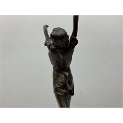 Art Deco style bronze, after Bruno Zach, modelled as a dancer with her arms raised, on a veined marble tapering base signed B. Zach and with foundry seal, H65cm