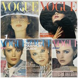 Vintage British Vogue Magazine Cover Posters from 1981, Oct 1983, Dec 1984, Feb & May 1985, with cover shots of Elisabetta Ramella, Jerry Hall, Jenna de Rosnay, Jose Toledo 67cm x 48cm (5)