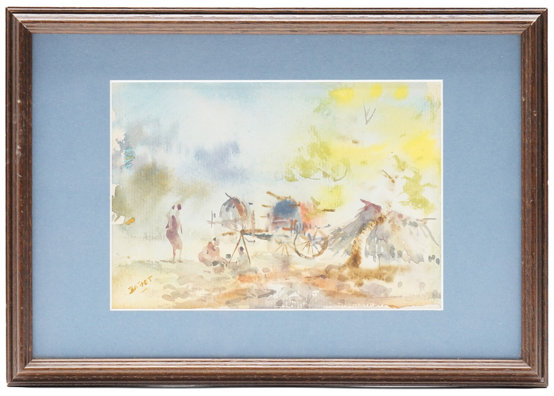 U Ba Thet (Burmese 1903-1972): View of Shwedagon Pagoda and Burmese Bullock Carts, pair of watercolours signed, 13cm x 19cm, 13.3cm x 19cm (2)