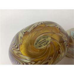 Two Robert Held glass vases, together with Adrian Sankey apple paperweight, vases H10cm 