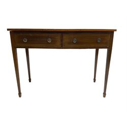 19th century mahogany bow-front side table, fitted with two drawers with satinwood strung facias, raised on square tapering supports with spade feet