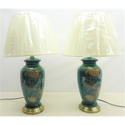 Pair Oriental style table lamps decorated with birds amongst foliage on turquoise ground on brushed brass base with shades, as new, H40cm  