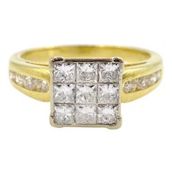 18ct princess cut diamond cluster ring, with round brilliant cut diamond shoulders, stamped 18KT, total diamond weight 1.00 carat