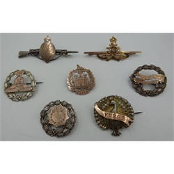  Collection of sweetheart broaches, most stamped 'sterling' with rose gold, one stamped '9ct' including Lancashire Fusiliers, East Riding Yeomanry etc, provenance - a Private Yorkshire collector  