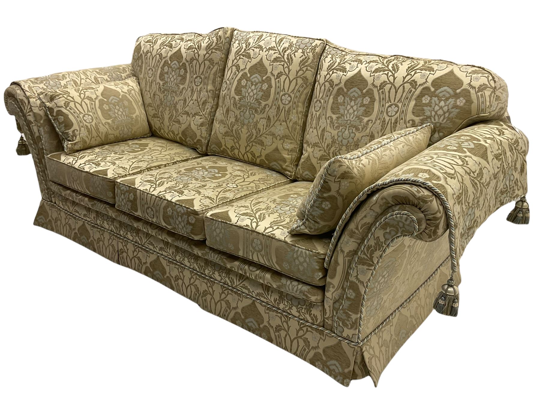 Steed Kedleston three seat sofa, and matching wing back armchair, upholstered in pale gold fabric