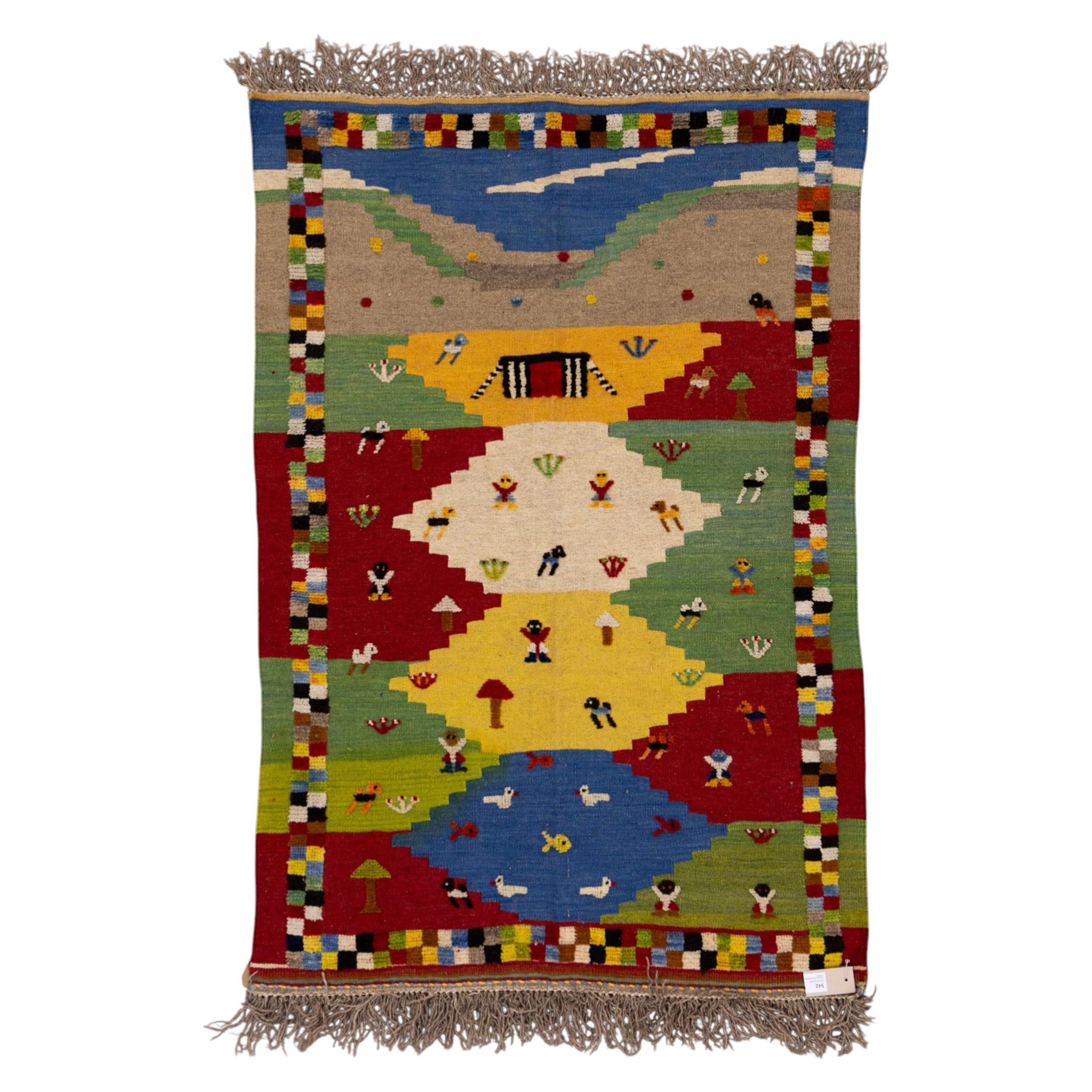 South West Persian Qashqai pictorial flatweave kilim, polychrome field divided into stepped geometric panels decorated with stylized animals, bird, fish and tree motifs with a central ivory lozenge medallion beneath a simple landscape panel with tent motif, figures and and narrow multi-coloured border applied in raised wool pile against a flat-woven ground, fringe ends  