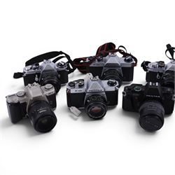 Nine Pentax cameras, including MX, MZ-5, ME Super, P30, etc all with lenses