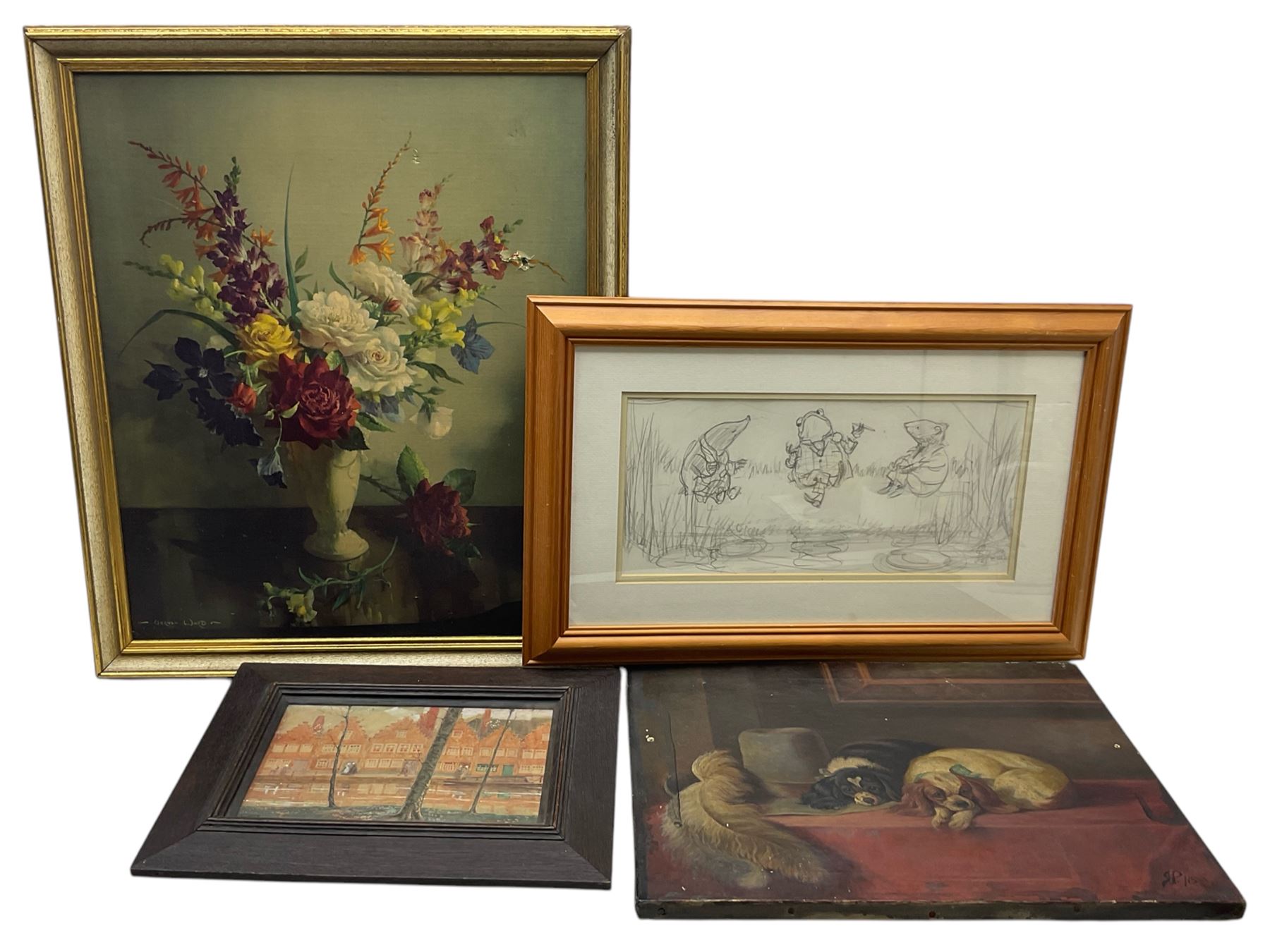 M Stanger Pritchard (British exh.1905-1918): Bruges, watercolour signed and titled, inscribed verso; together with two prints and one oil after Edwin Henry Landseer, max 55cm x 46cm (4)