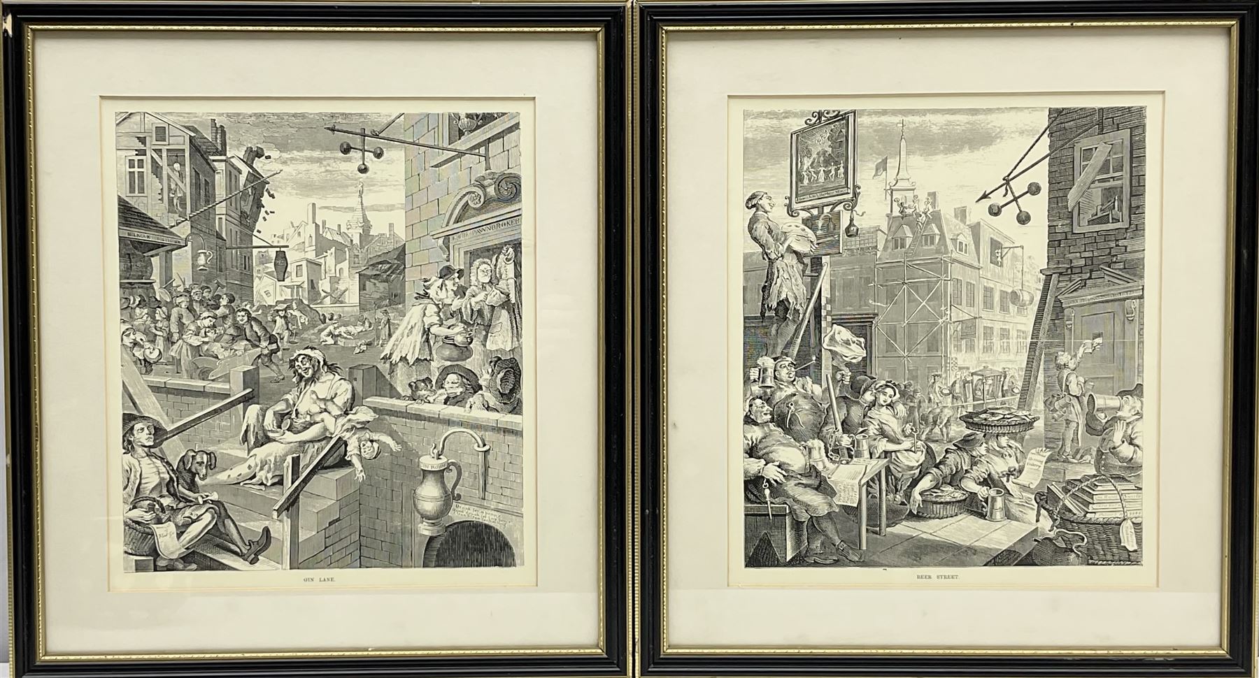 After William Hogarth (British 1697-1764): 'Beer Street' and 'Gin Lane', pair engravings originally published 1751, 29cm x 25cm (2)
