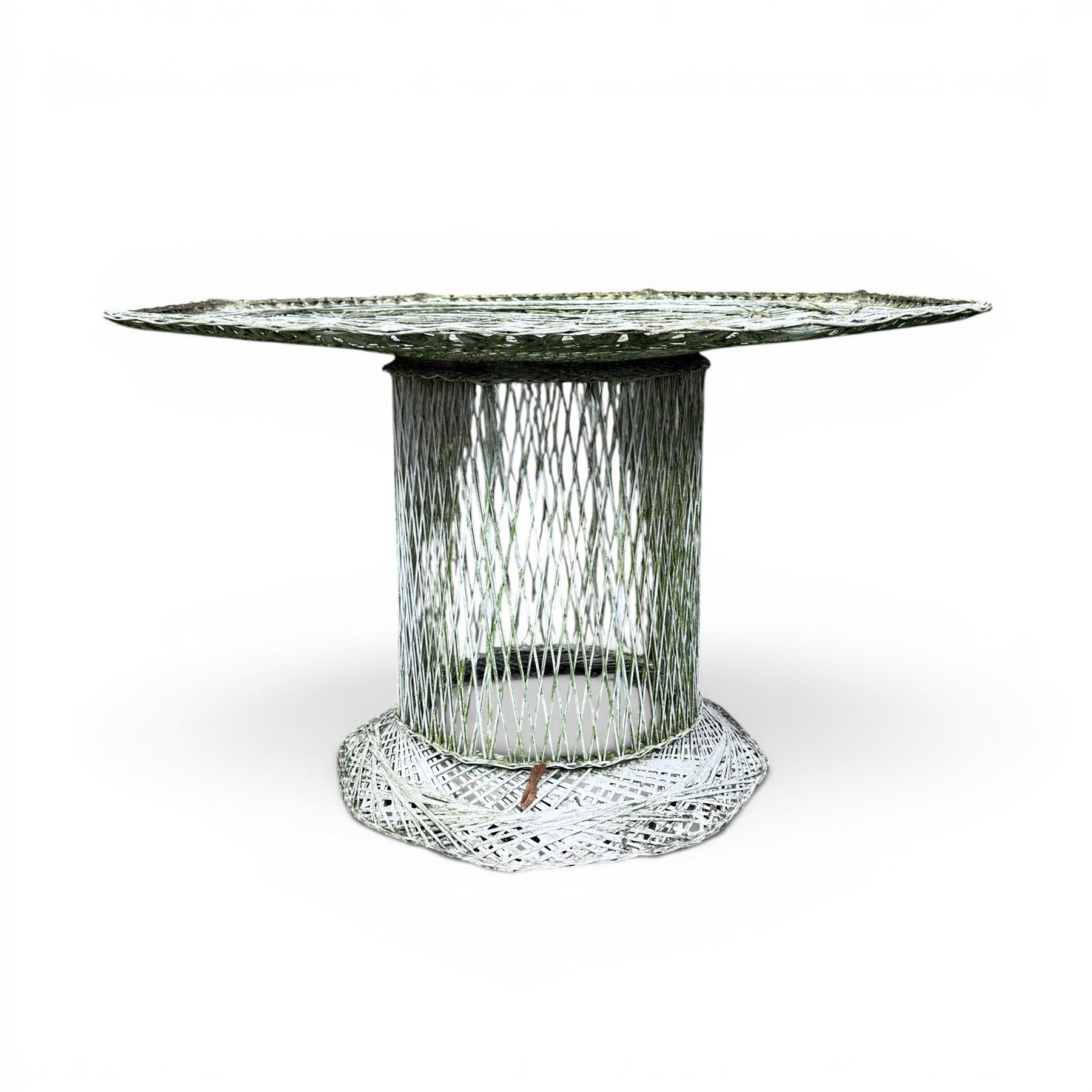 Two French early 20th century painted wicker octagonal garden tables, circular pedestals with parasol opening; with matching side table (3)