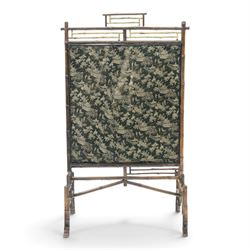 Victorian Aesthetic Movement bamboo framed fire screen, geometric bamboo frame with gilt e...
