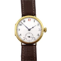 Zenith 18ct gold gentleman's manual wind wristwatch, No. 2385426, white enamel dial with subsidiary seconds dial, Glasgow import mark 1923, on brown leather strap
