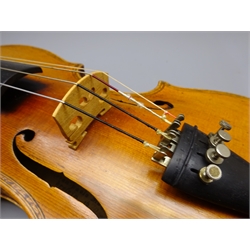  Late 19th century violin with 36cm two-piece maple back and spruce top, bears label 'Giovan Paulo Maggini Brefeia 1670', L59.5cm overall, in carrying case with bow  