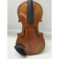 German trade violin c1900 copy of a Maggini with 36.5cm two-piece maple back and ribs and spruce top; double scroll; L60cm overall; in carrying case