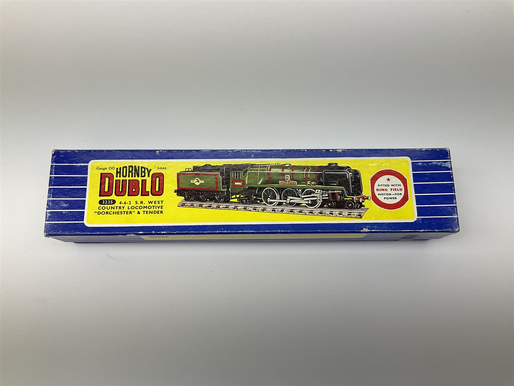 Hornby Dublo - three-rail Rebuilt West Country Class 4-6-2 locomotive 'Dorchester' No.34042 with tender, instructions and amendment sheet, guarantee and oil tube in blue striped box