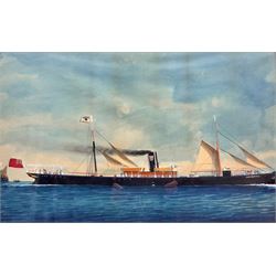 English School (19th/20th century): 'SS Whitehall' - Ship's Portrait, flying the house flag of Whitby ship owners Thomas Turnbull & Son, watercolour heightened in white unsigned 38cm x 62cm