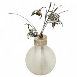 Frosted glass vase with silver collar containing silver snowdrops and leaves H11cm overall...
