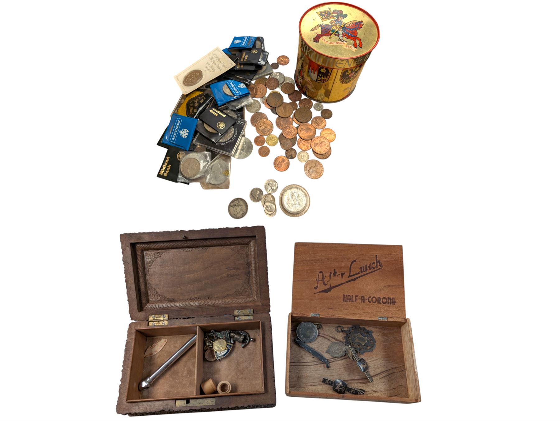 Collection of Great British and World coins, including 0.997 silver Laxmi Ganesh Krishiiamahavir Ambajishrinathji coin, American coins, commemorative coins, etc together with a silver fob medal, two Siam silver tie clips and a silver pen knife inscribed 1917
