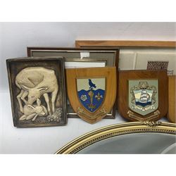 Two ceramic plaques by Richard Fisher, together with wooden plaques, artwork and three mirrors 