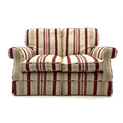 Two seat sofa upholstered in beige and red stripe fabric