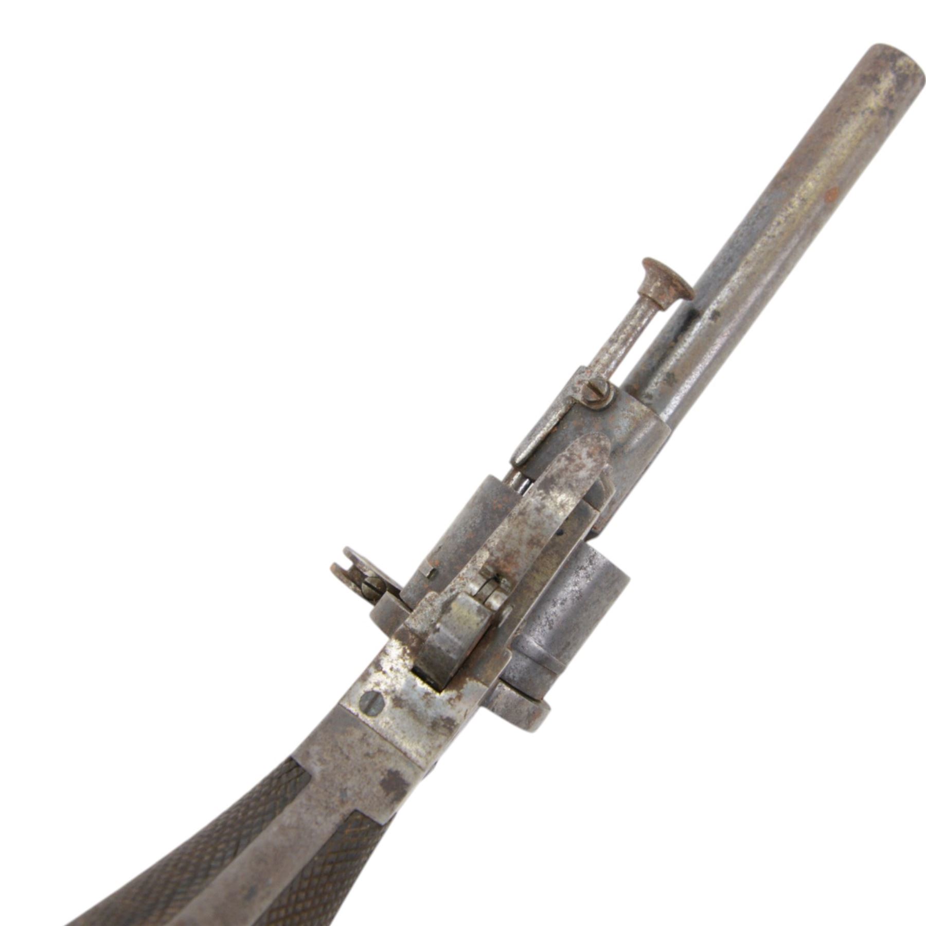 19th century pinfire six-shot revolver, rear loading with folding trigger and wooden grip, H10cm, L20cm