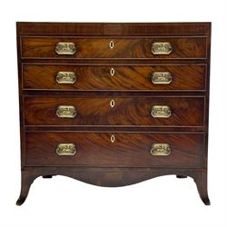 George III mahogany chest, rectangular banded top over inlaid frieze, four graduating drawers with brass plate handles decorated with Sphinx motifs, inlaid shaped apron and splayed bracket feet, bone extended lozenge escutcheons   